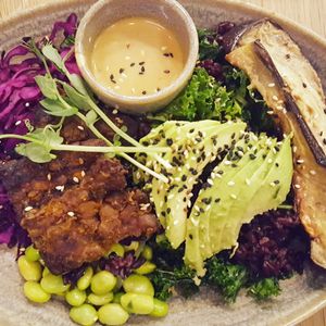 Tempeh bowl with black rice, avo, eggplant, kale and edamame at Mahalo  - Odengatan in Stockholm