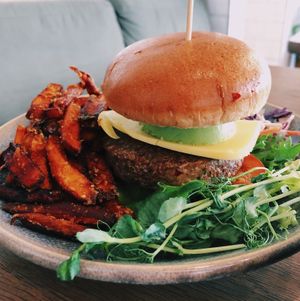 Soy burger with sweet potato fries at Mahalo  - Odengatan in Stockholm
