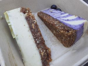 Lime and blueberry raw cheesecakes. at Mahalo  - Odengatan in Stockholm