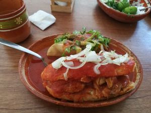 Tacos dorados con torta ahogada de setas at Vegan Bike - Más Que Comida in Guadalajara