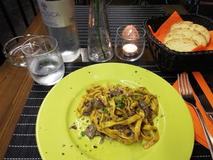 Tagliatelle which I accidentally already took a few bites of before remembering to make a photo at Ciriera Osteria Vegan in Trequanda