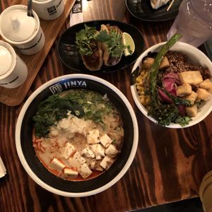 Spicy Creamy Vegan Ramen, Vegan Tacos and Vegan Rice Bowl.  at JINYA Ramen Bar in Austin