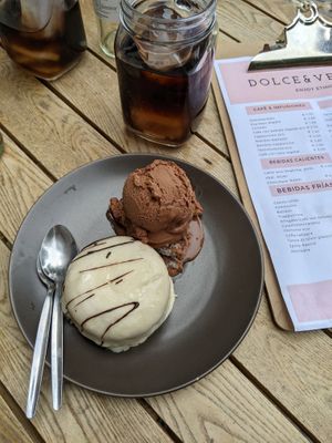 a white chocolate cake with hazelnut ice cream at Dolce & Vegana in Madrid