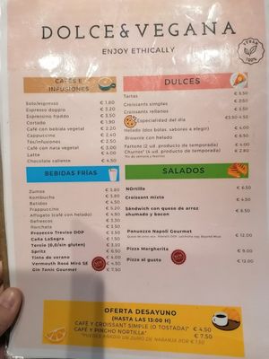 Menu at Dolce & Vegana in Madrid