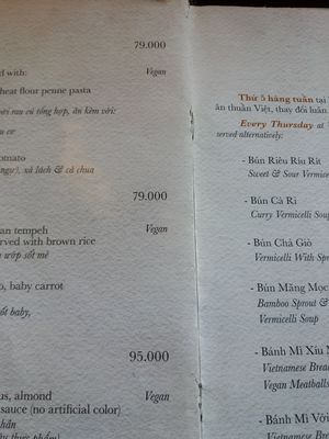 Menu at V's Home in Hanoi