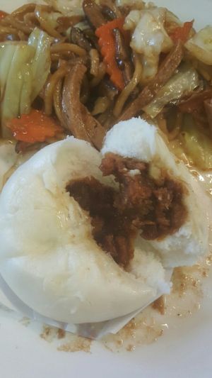 Fried noodle and BBQ bun at Water Drop Vegetarian Cafe in Christchurch