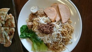 fried noodles with three kinds of fake meat  at Water Drop Vegetarian Cafe in Christchurch