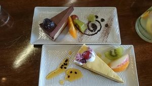 Mango cheesecake and marzipan nougat cake  at Water Drop Vegetarian Cafe in Christchurch