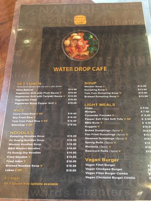 Menu (as of May 2018) at Water Drop Vegetarian Cafe in Christchurch