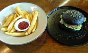 Vegan chickpea burger & fries for $19 at Water Drop Vegetarian Cafe in Christchurch