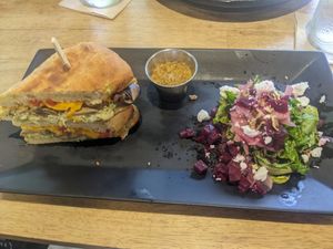 Mushrooms Artichoke sandwich with a beet salad. at Lemon Tree in Boise