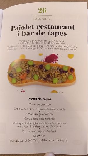 Menu tapas veganas. Solo en el evento "A Tortosa de tapes" at Restaurant Paiolet in Tortosa