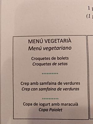Menu vegetariano at Restaurant Paiolet in Tortosa