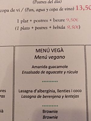 Menu vegano at Restaurant Paiolet in Tortosa