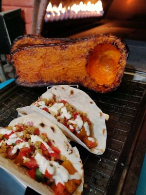Roast Butternut Squash Tacos with vegan cheese, pico de gallo, and tahini at Pizza Luna / Tito's Burritos in Koh Phangan