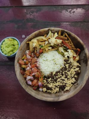 Burrito bowl with vegan cheese, mushrooms, veggies, and guacamole at Pizza Luna / Tito's Burritos in Koh Phangan
