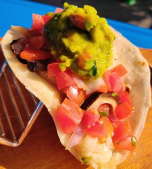 5 roasted veg, sourdough tortilla, homemade cashew nuts cheese, fresh Pico di Gallo, fresh Guacamole.  at Pizza Luna / Tito's Burritos in Koh Phangan