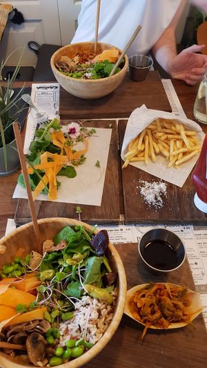Vegan Bowls with kimchi and french fries at Cantina Teguise in Lanzarote
