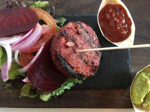 Vegan burger with local veggies  at Cantina Teguise in Lanzarote