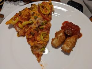 Vegan Progressive Field and vegan mozzarella sticks at Primoz Pizzeria in Cleveland