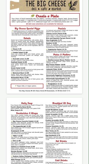 Current menu with easy to identity vegan option   at The Big Cheese in Rosendale