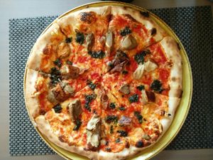 Mushroom pizza at Kitchen Inn in Silute