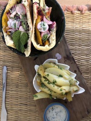 Vegan burger and fries  at Gaïa  in Marrakech