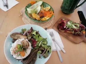 Bowl, hummus bread and today's dish at Gaïa  in Marrakech