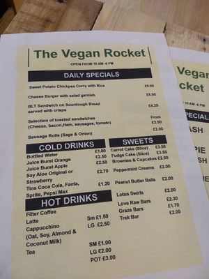 Menu at The Vegan Rocket in Lisburn