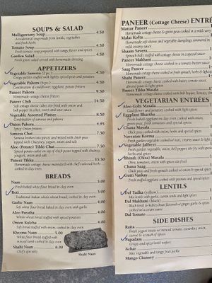 Menu (check marks indicate vegan options) at Bombay at the Beach in Myrtle Beach