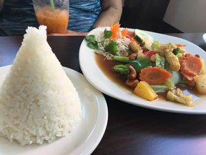 Verge stir fry with Cashew sauce and jasmine rice at Thai Elephants in Watkins Glen