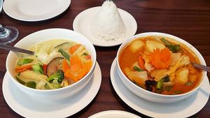 Two tofu veggie curries (left is green and right is massaman) served with rice at Thai Elephants in Watkins Glen