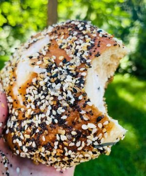 Everything Doughnut with vegan cream cheese. Only available on weekends. at Strange Matter Coffee - Downtown in Lansing