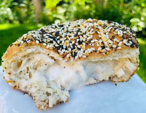 Everything Doughnut with vegan cream cheese. Only available on weekends. at Strange Matter Coffee - Downtown in Lansing