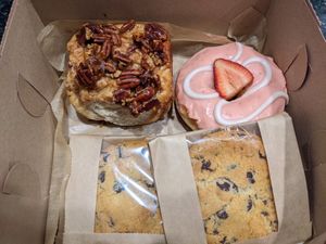 Sticky bun, strawberry & cream, chocolate chip cookies at Strange Matter Coffee - Eastside in Lansing