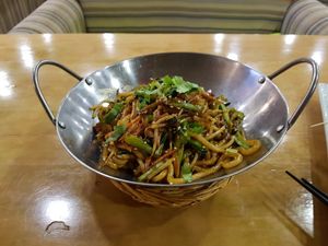 QQ Noodles. Very spicy, and the taste is ok, texture is very soft and a little too chewy. 5/10 at Sanwei Shu Wu - Veggie House in Shanghai