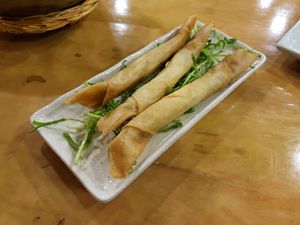 Spring rolls. Crunchy outside and soft vegetables inside. Very fun to eat. 8/10 at Sanwei Shu Wu - Veggie House in Shanghai