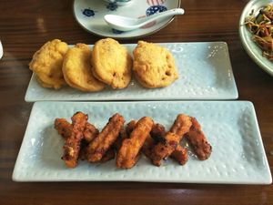 Battered stuffed lotus root & barbecue wings. at Sanwei Shu Wu - Veggie House in Shanghai