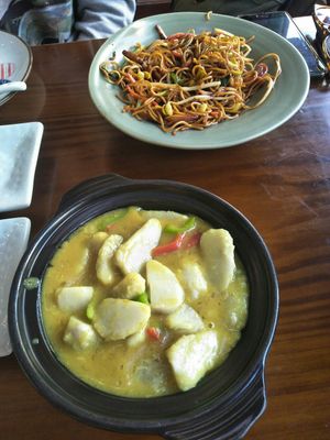 Fried noodles with vegetables, taro curry. at Sanwei Shu Wu - Veggie House in Shanghai