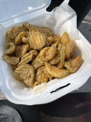 Half order of fried pickles. Ask for vegan ranch!   at The Dogfather in San Antonio