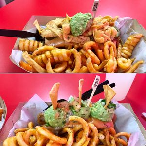 Top Frito, bottom guac dog  at The Dogfather in San Antonio
