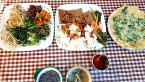 Food from the buffet plus freshly made pancake at Han Gwa Chae - 한과채 in Seoul