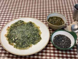 Starter what owner brings to you. Porridge, Korean Denjang soup, Pancake  at Han Gwa Chae - 한과채 in Seoul