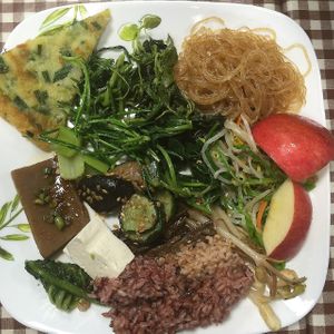 very filling plate, lots of green veg not including the side dishes. the pancake was delicious though cold.  at Han Gwa Chae - 한과채 in Seoul