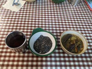 Water, soup, black sesame rice   at Han Gwa Chae - 한과채 in Seoul