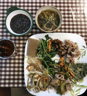 Tea, rice porridge, and soup that was provided from the get-go, along with my first plate! at Han Gwa Chae - 한과채 in Seoul