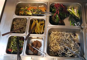 Buffet section featuring pickles and wrap (ssam 쌈) ingredients at Han Gwa Chae - 한과채 in Seoul