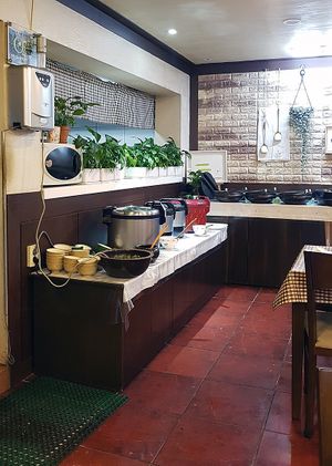 Buffet section with rice, stews, soups and porridge at Han Gwa Chae - 한과채 in Seoul