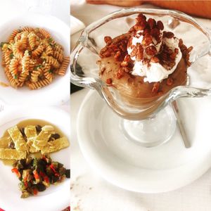 Fusilli all’ortolana/ tempeh alla ligure/ coppa Giamaica at Hotel Ristorante Onda Azzurra in Albisola Superiore