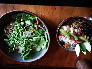 Green salad and super bowl at Del Cielo in Tulum
